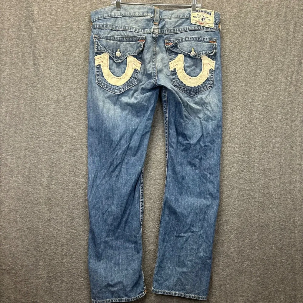 True Religion‎ Straight Mens Jeans 38 Medium Wash Frayed Horseshoe Logo USA